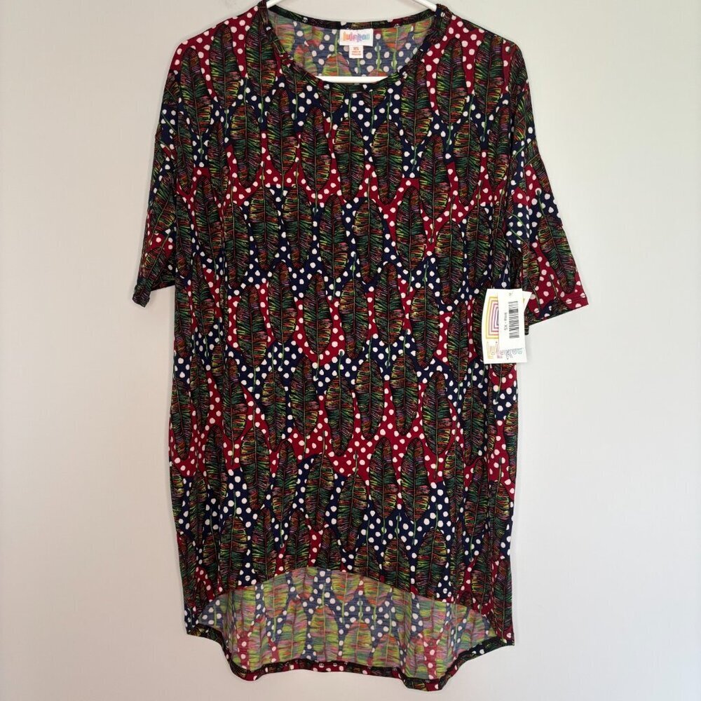 LULAROE NEW Irma Women's XS Red Navy Feathers Stretch Hi-Lo Comfy - Picture 4 of 6